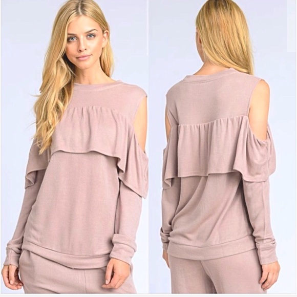 Dusty Pink Blush Ruffle Cold Shoulder Top S - Picture 6 of 6